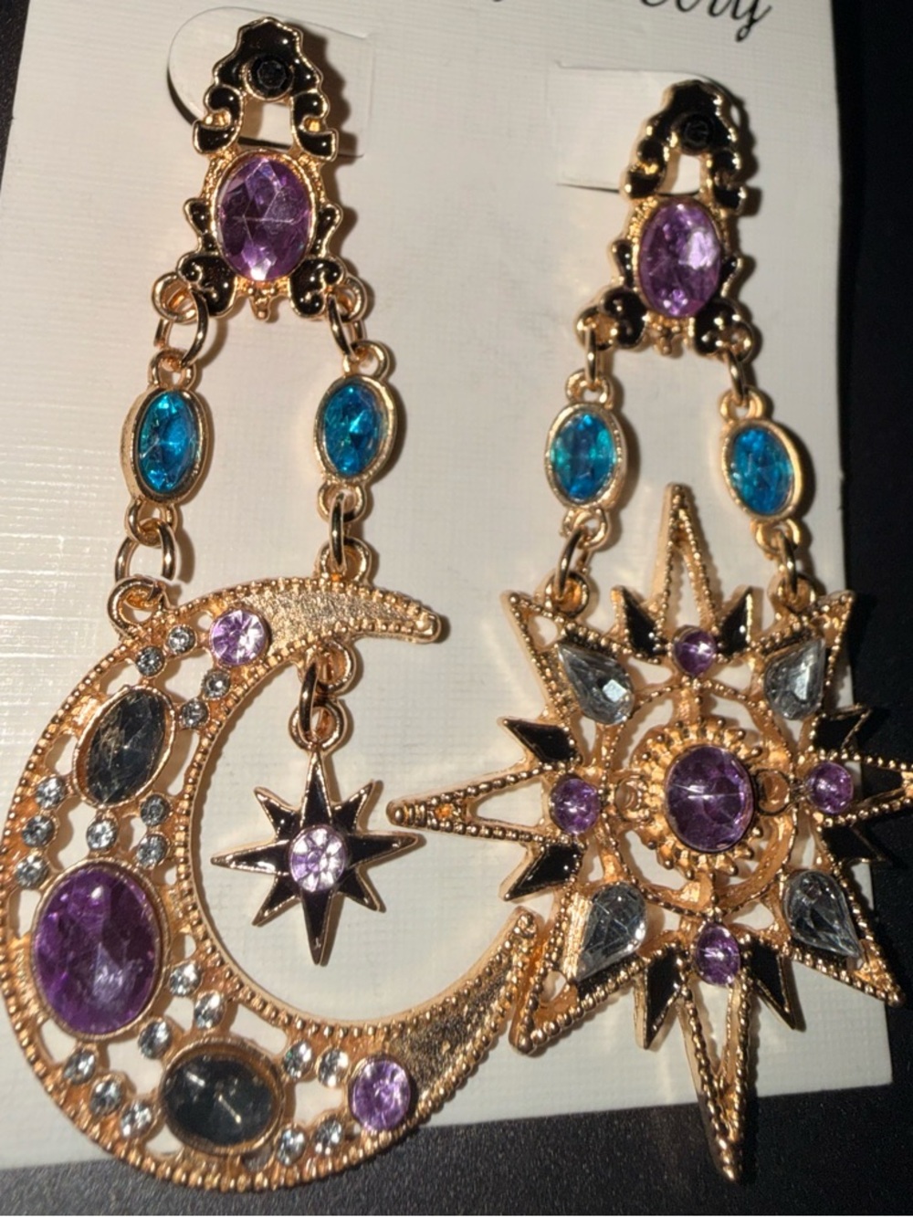 Gold-Tone Celestial Moon & Star Drop Earrings in Purple and Teal